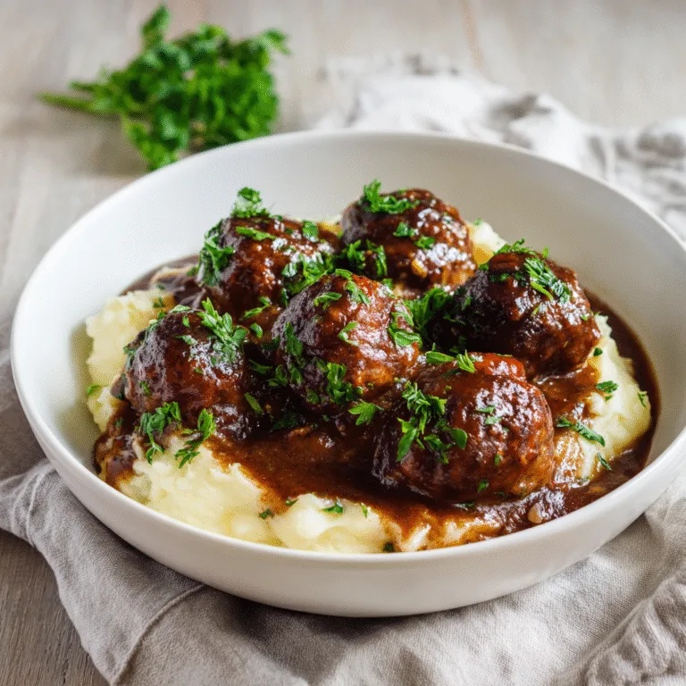 Salisbury Steak Meatballs with Garlic Herb Mashed Potatoes