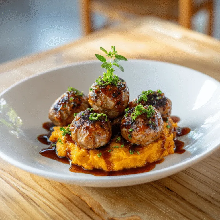 Irresistible Pork Meatballs with Sweet Potato Mash & Bourbon-Maple Sauce