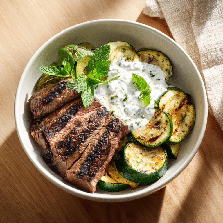 Grilled Steak Bowl with Creamy Garlic Yogurt Sauce & Grilled Zucchini