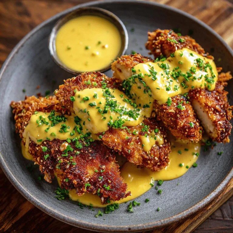 Crispy Pretzel Chicken with Creamy Mustard-Cheddar Sauce