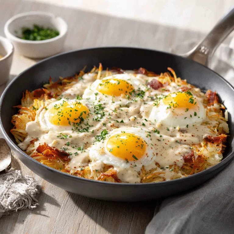 Egg Topped Hash Browns with Bacon Gravy Delight