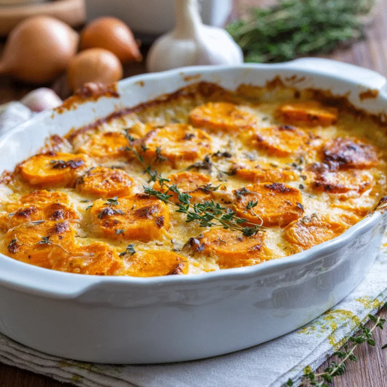Creamy Garlic Scalloped Sweet Potatoes – A Cozy, Elegant Bake for Any Season