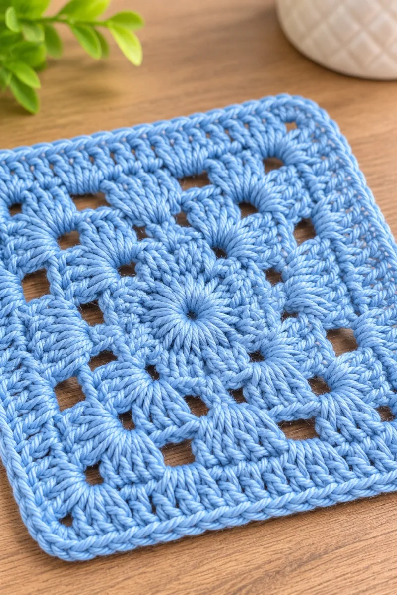 Close-up of the stitches: Baby-blue textured granny square with raised sunburst centre and layered shell border, held over