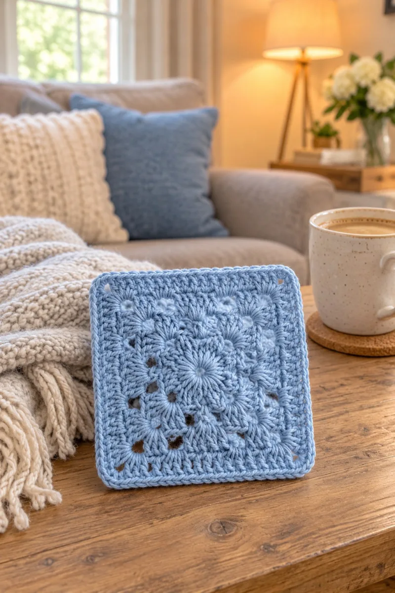 Baby-blue textured granny square with raised sunburst centre and layered shell border, held over matching blanket - styled at