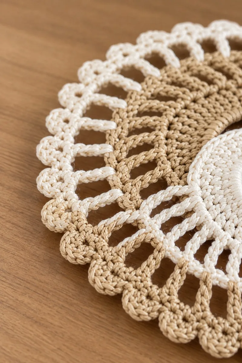 Close-up of the stitches: Cream and warm tan crochet spiral doily with tall chain bars and scalloped picot edge on a wooden