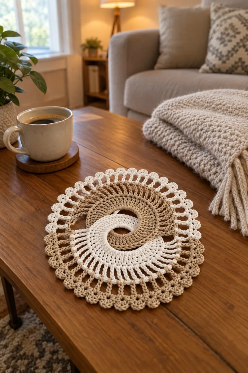 Cream and warm tan crochet spiral doily with tall chain bars and scalloped picot edge on a wooden table - styled at home