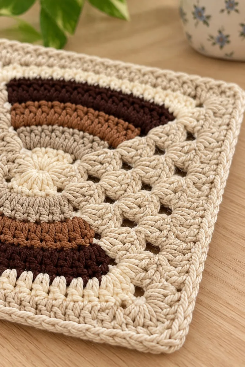 Close-up of the stitches: Neutral cream crochet square with stacked brown semicircles and lacy granny-style background, edged