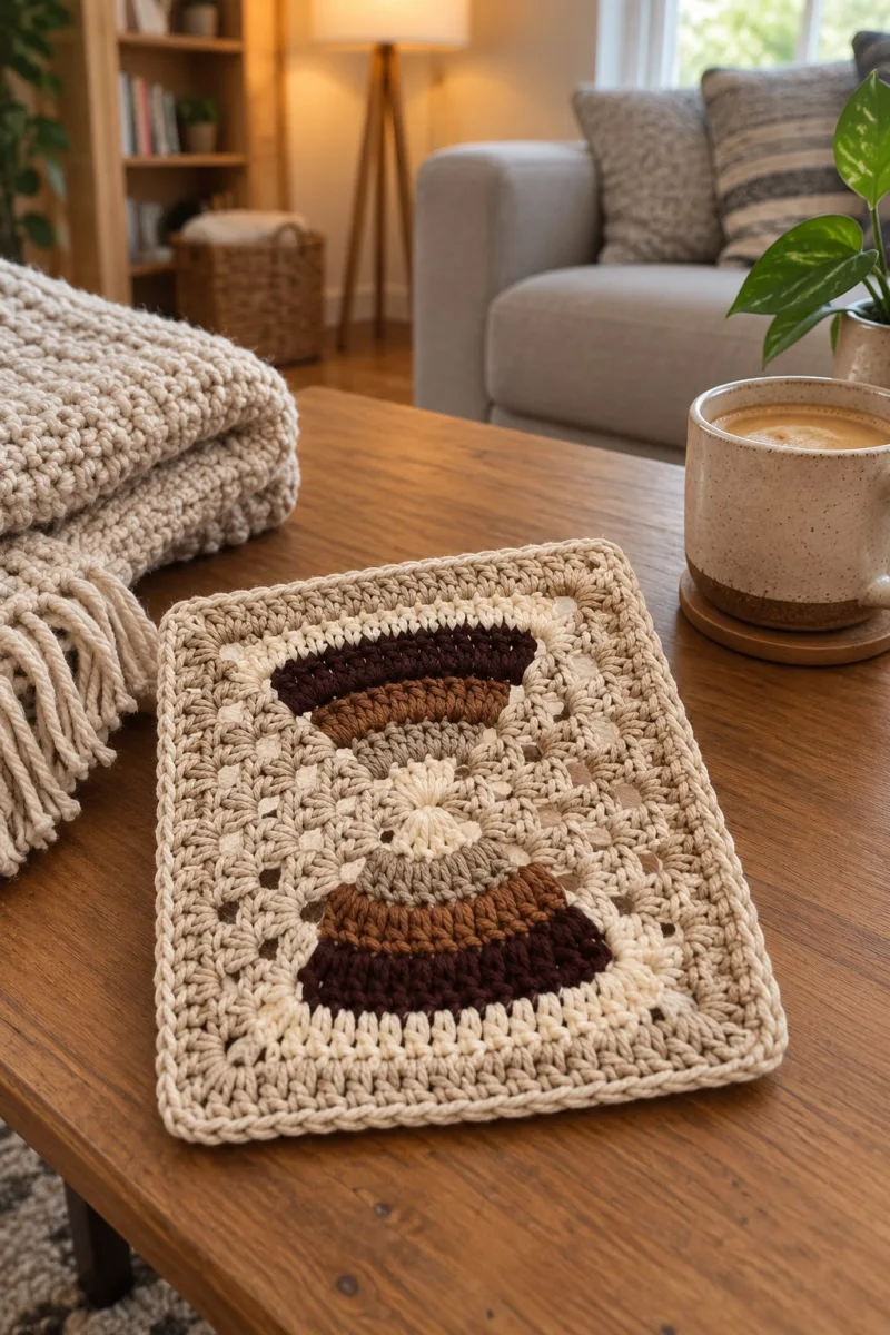 Neutral cream crochet square with stacked brown semicircles and lacy granny-style background, edged with a tidy rope border