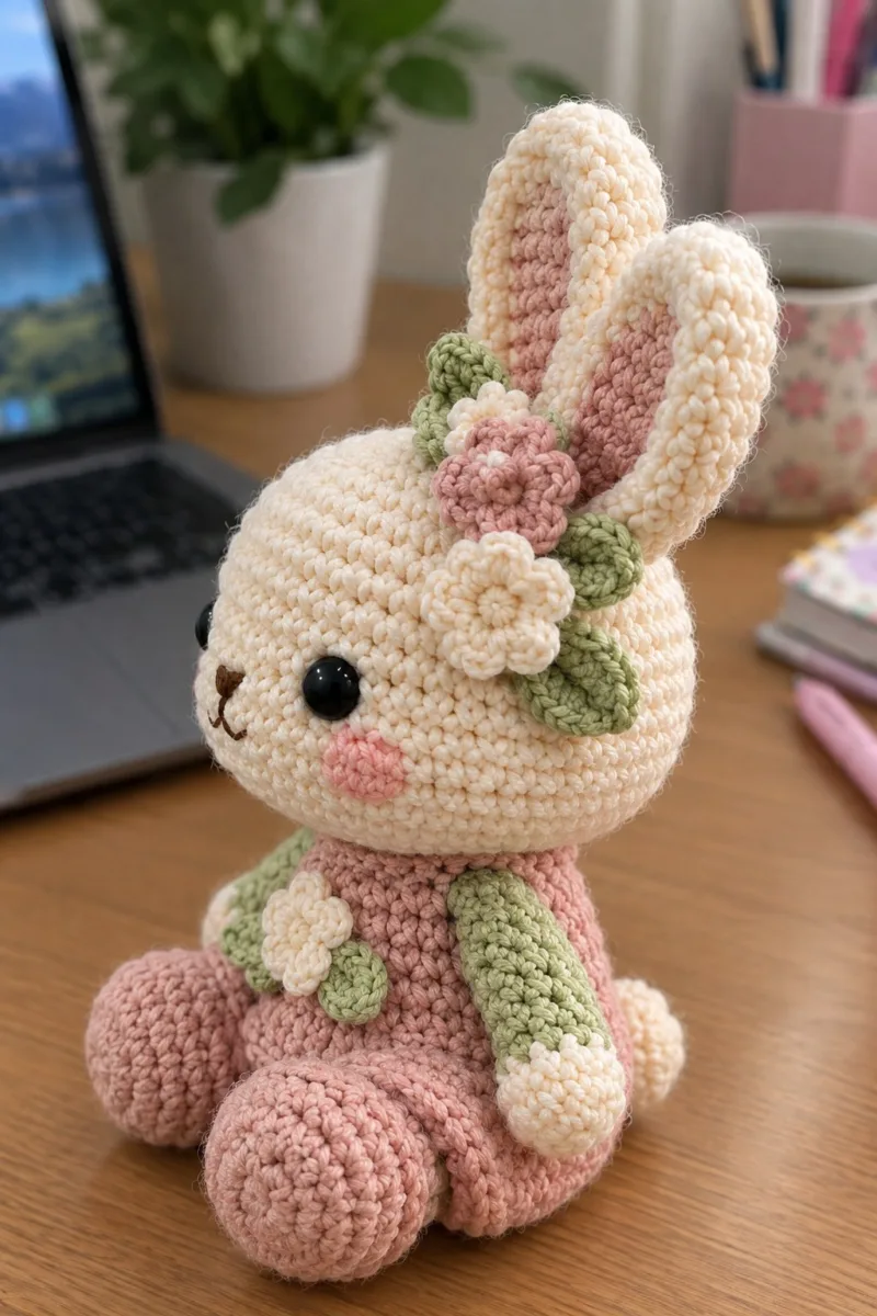 Close-up of the stitches: Cream and dusty rose crochet bunny with sage green arms and floral applique sitting on a wooden