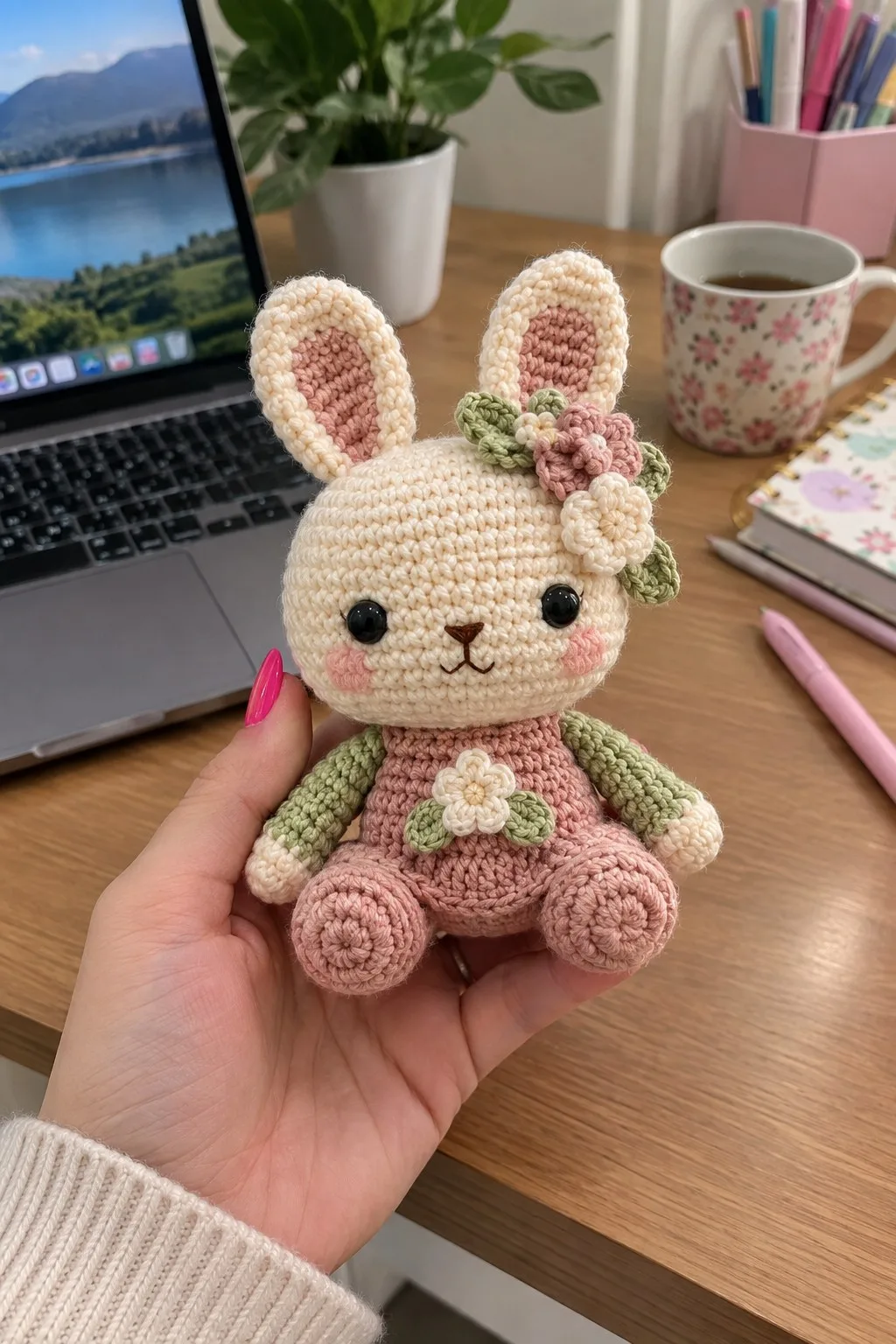 Cream and dusty rose crochet bunny with sage green arms and floral applique sitting on a wooden table with a mug and laptop