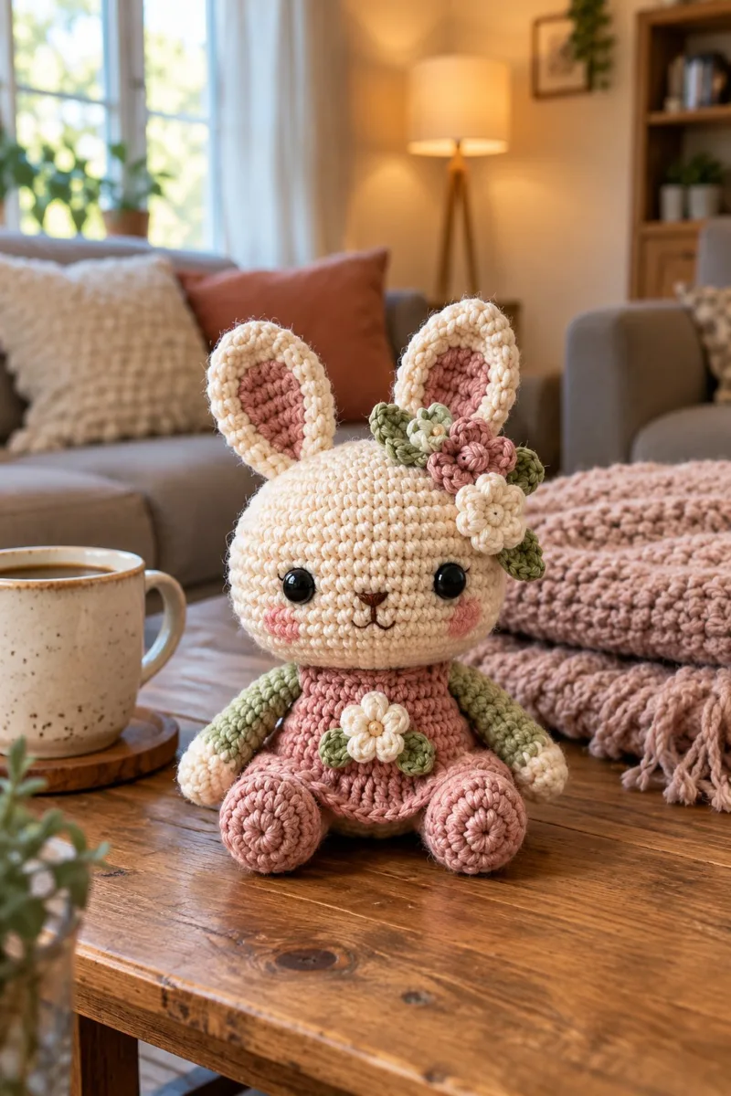 Cream and dusty rose crochet bunny with sage green arms and floral applique sitting on a wooden table with a mug and laptop
