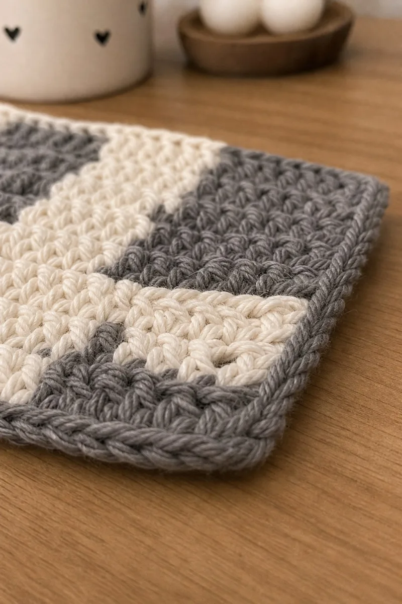 Close-up of the stitches: Chunky grey and cream crochet square with four contrasting quadrants and a raised grey rope border