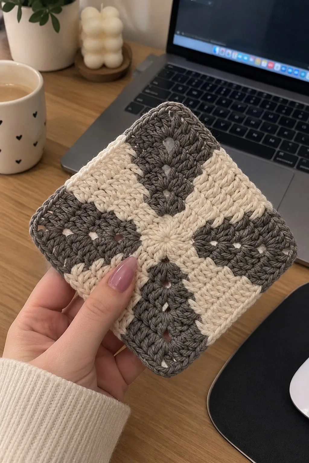 Chunky grey and cream crochet square with four contrasting quadrants and a raised grey rope border