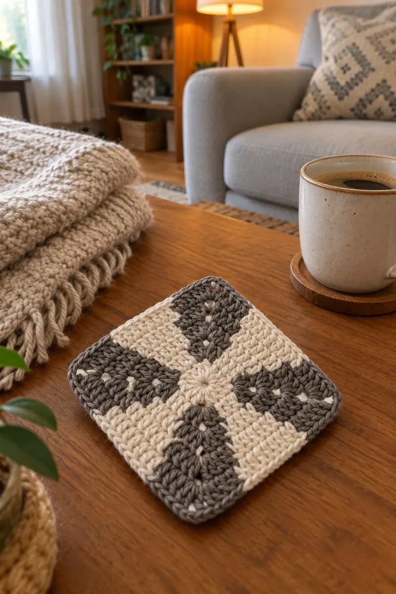 Chunky grey and cream crochet square with four contrasting quadrants and a raised grey rope border - styled at home