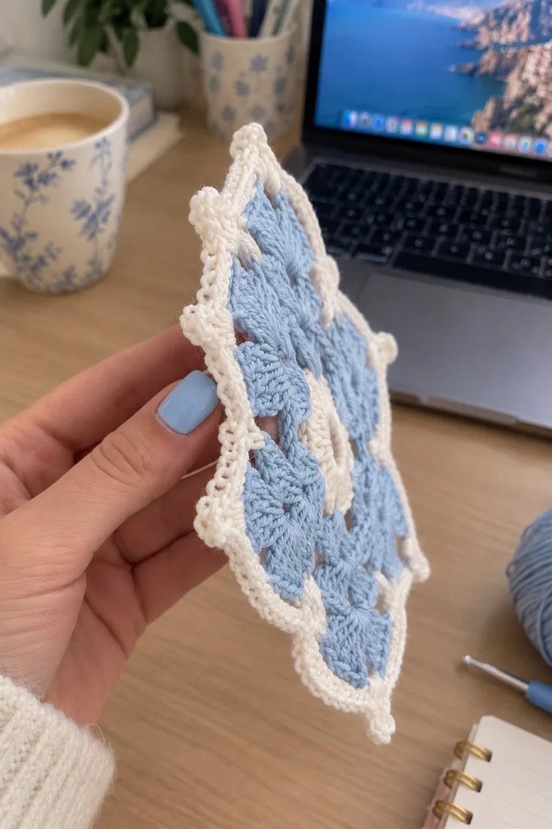Close-up of the stitches: Ice blue and cream crocheted snowflake medallion with six pointed scalloped arms and picot tips