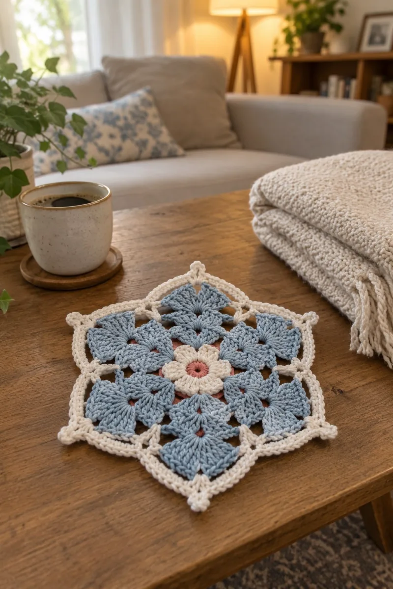 Ice blue and cream crocheted snowflake medallion with six pointed scalloped arms and picot tips - styled at home