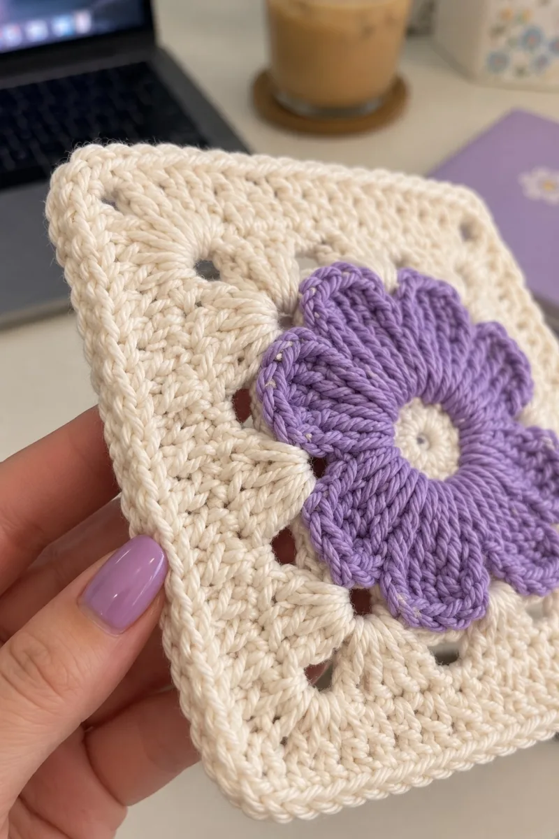 Close-up of the stitches: Cream and lavender granny square with raised purple flower center and lacy cream square border