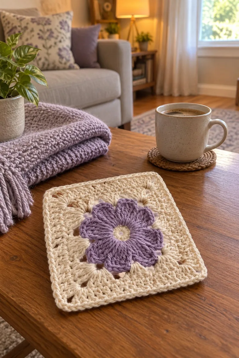 Cream and lavender granny square with raised purple flower center and lacy cream square border - styled at home