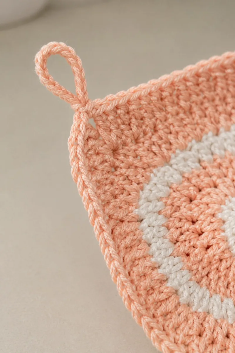 Close-up of the stitches: Peach cotton hexagonal potholder with white spiral surface detail and small hanging loop