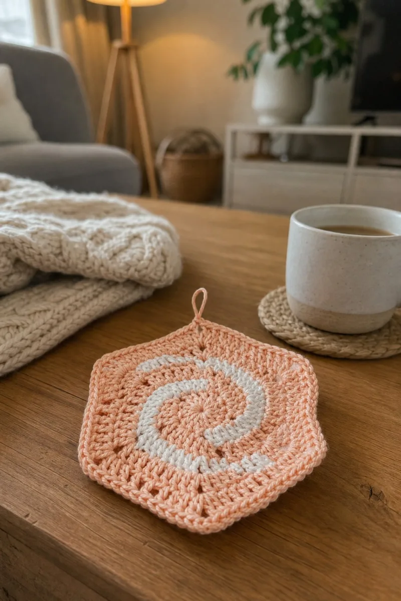 Peach cotton hexagonal potholder with white spiral surface detail and small hanging loop - styled at home