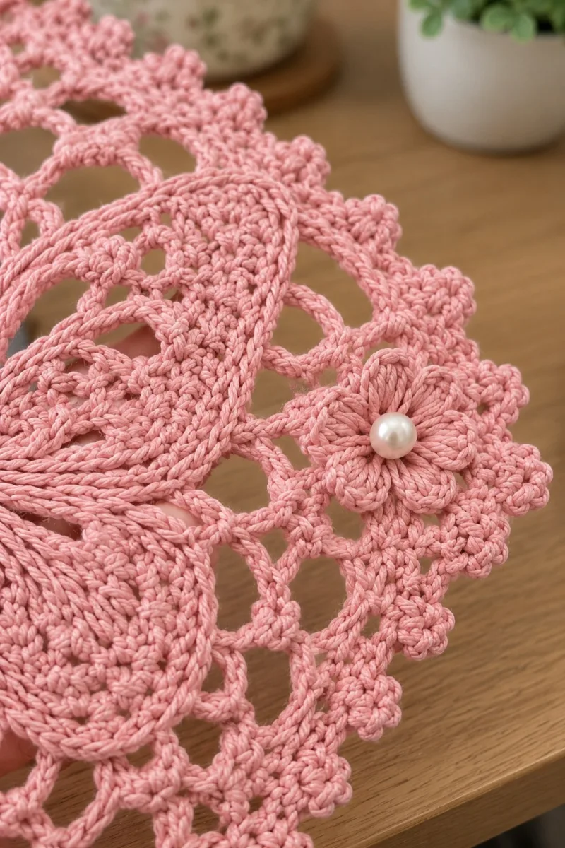Close-up of the stitches: Dusty pink crochet lace square with raised butterfly center and pearled corner flowers on a wooden