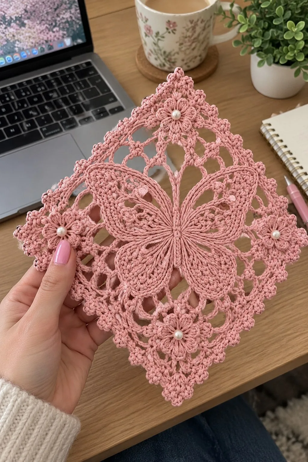 Dusty pink crochet lace square with raised butterfly center and pearled corner flowers on a wooden table