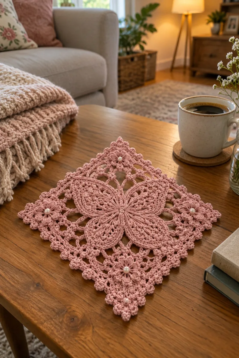 Dusty pink crochet lace square with raised butterfly center and pearled corner flowers on a wooden table - styled at home