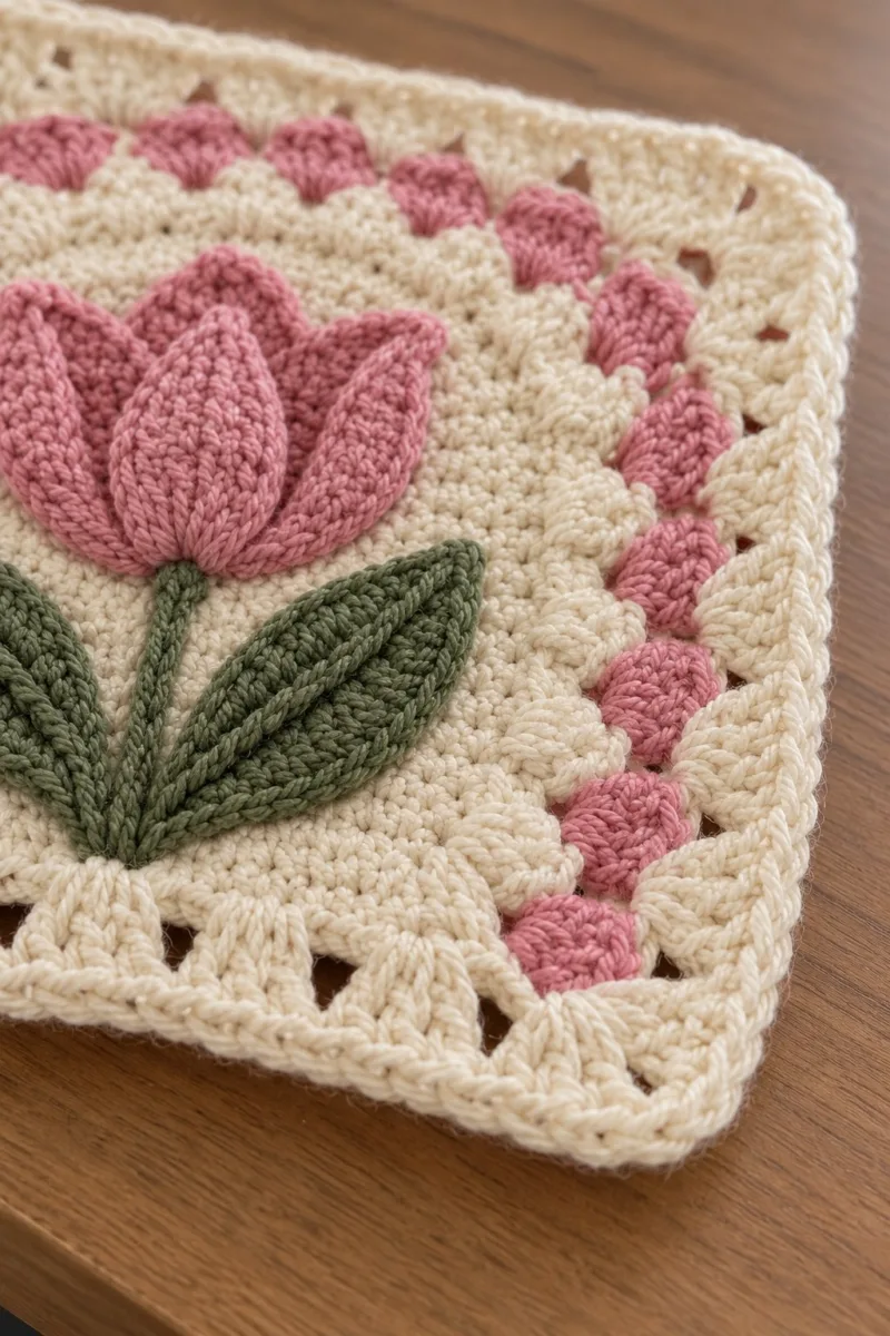 Close-up of the stitches: Cream granny square with raised dusty-pink tulip petals and sage green leaves with scalloped shell
