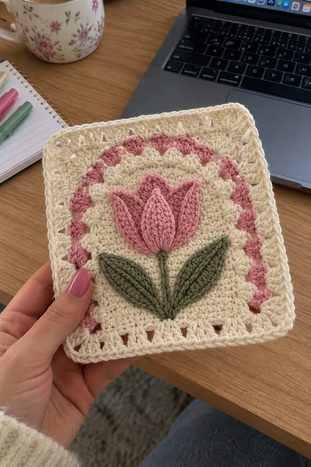 Cream granny square with raised dusty-pink tulip petals and sage green leaves with scalloped shell border