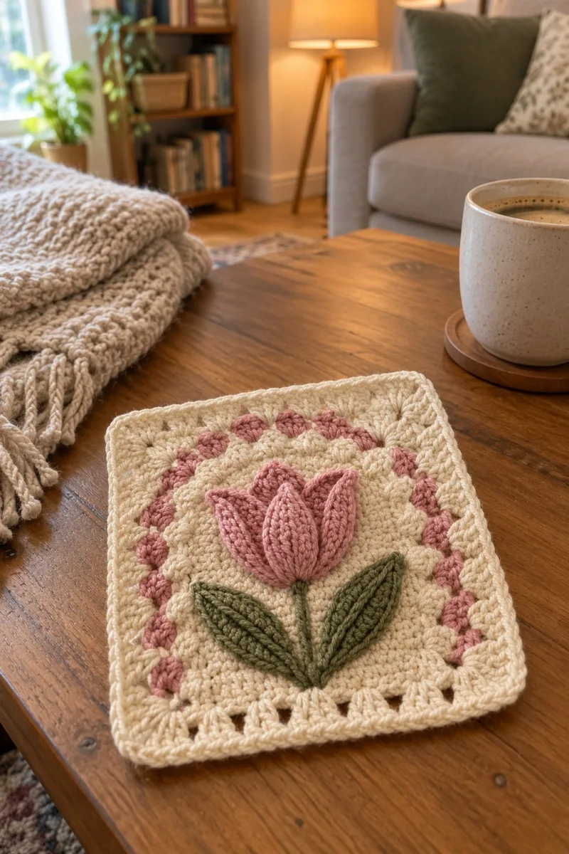 Cream granny square with raised dusty-pink tulip petals and sage green leaves with scalloped shell border - styled at home