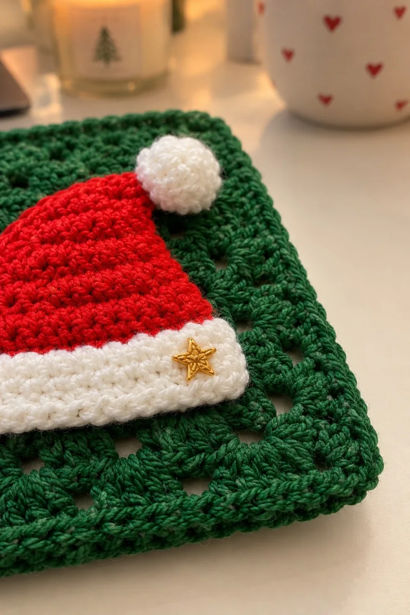 Close-up of the stitches: Green granny square with a small red Santa hat applique, white brim and pom, on a wooden table with