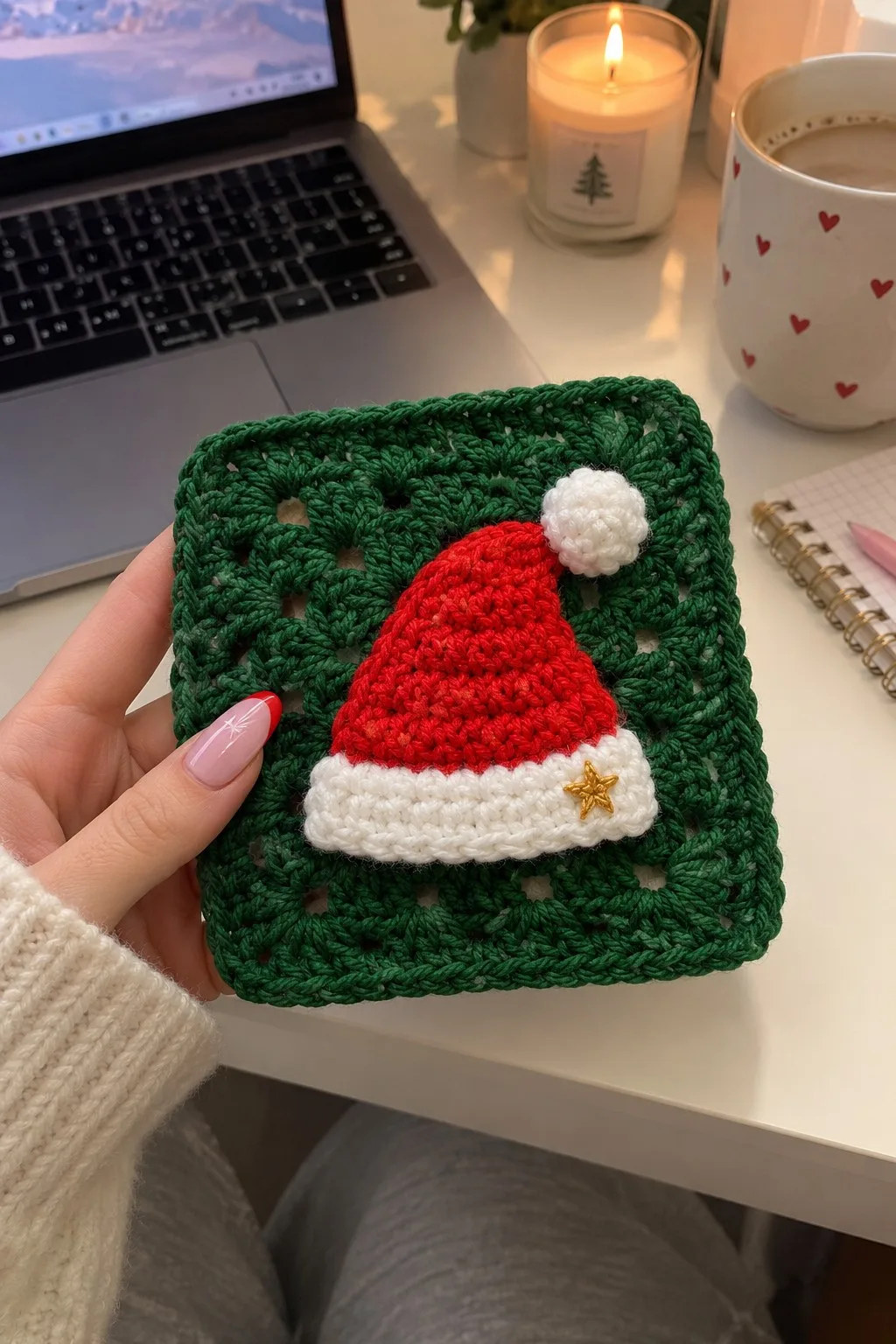 Green granny square with a small red Santa hat applique, white brim and pom, on a wooden table with holiday decor