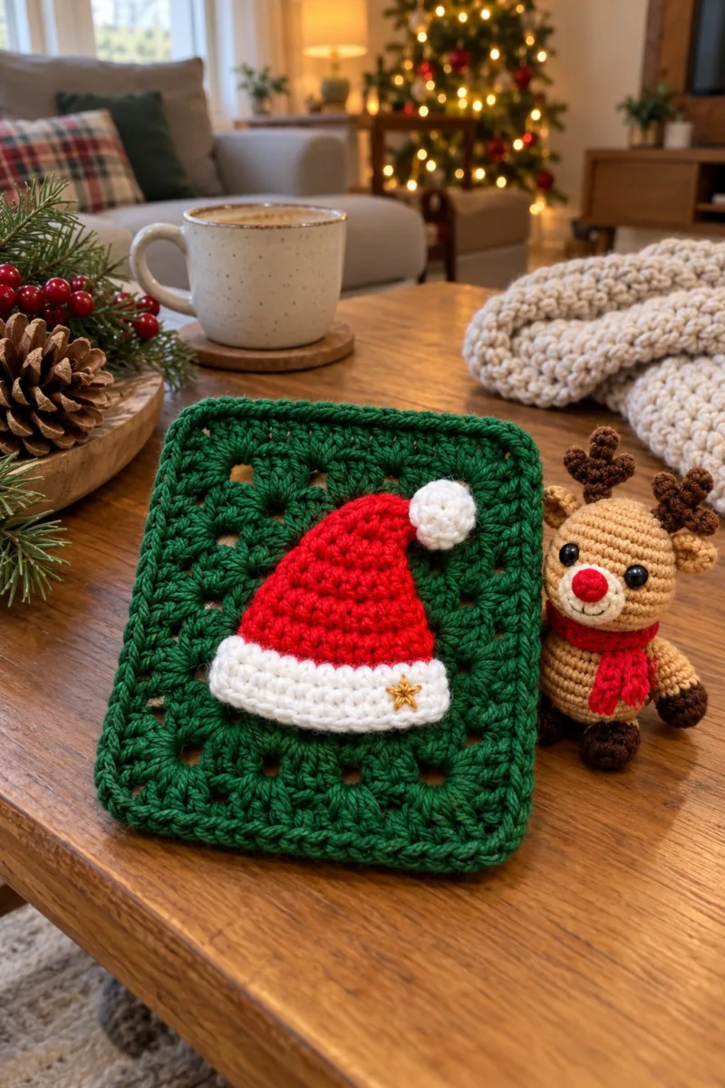 Green granny square with a small red Santa hat applique, white brim and pom, on a wooden table with holiday decor - styled at